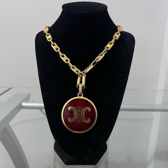 Celine Triomphe Logo Red Enamel Gold Tone Medallion Pendant w/Necklace - Picture 2 of 12
